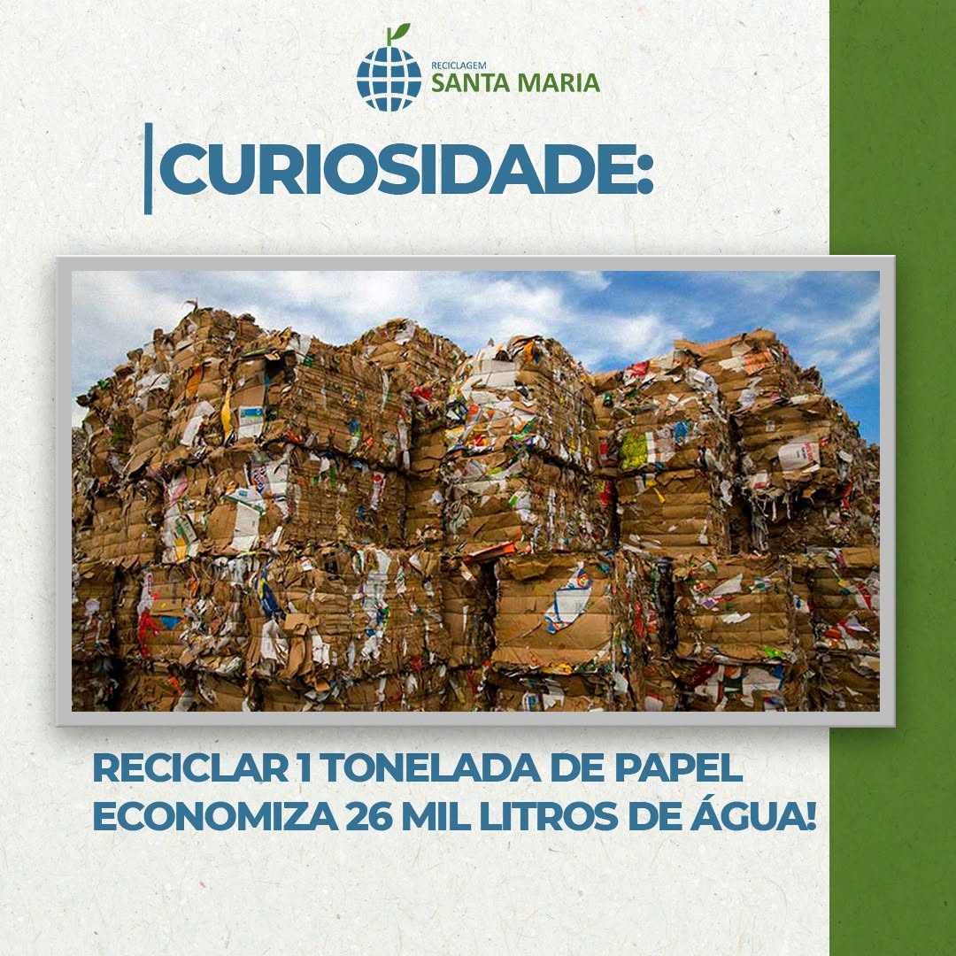 Curiosidade: reciclar uma tonelada de papel economiza 26 mil litros de água!